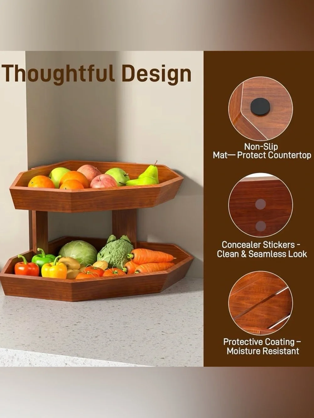 Wooden 2-Tier Fruit Basket for Kitchen Counter Space-Saving Organizer